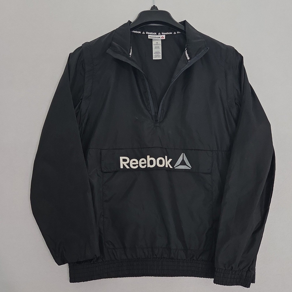 Reebok Windbreaker Jacket Youth XL 18 Zip Off Sleeves Black Logo Sport